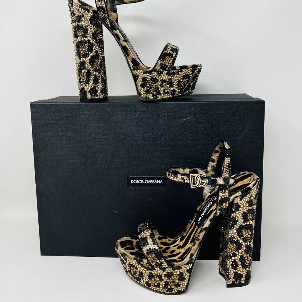 Dolce&Gabbana Keira Embellished Leopard 125MM Platform Sandals Heels 37.5 NEW
